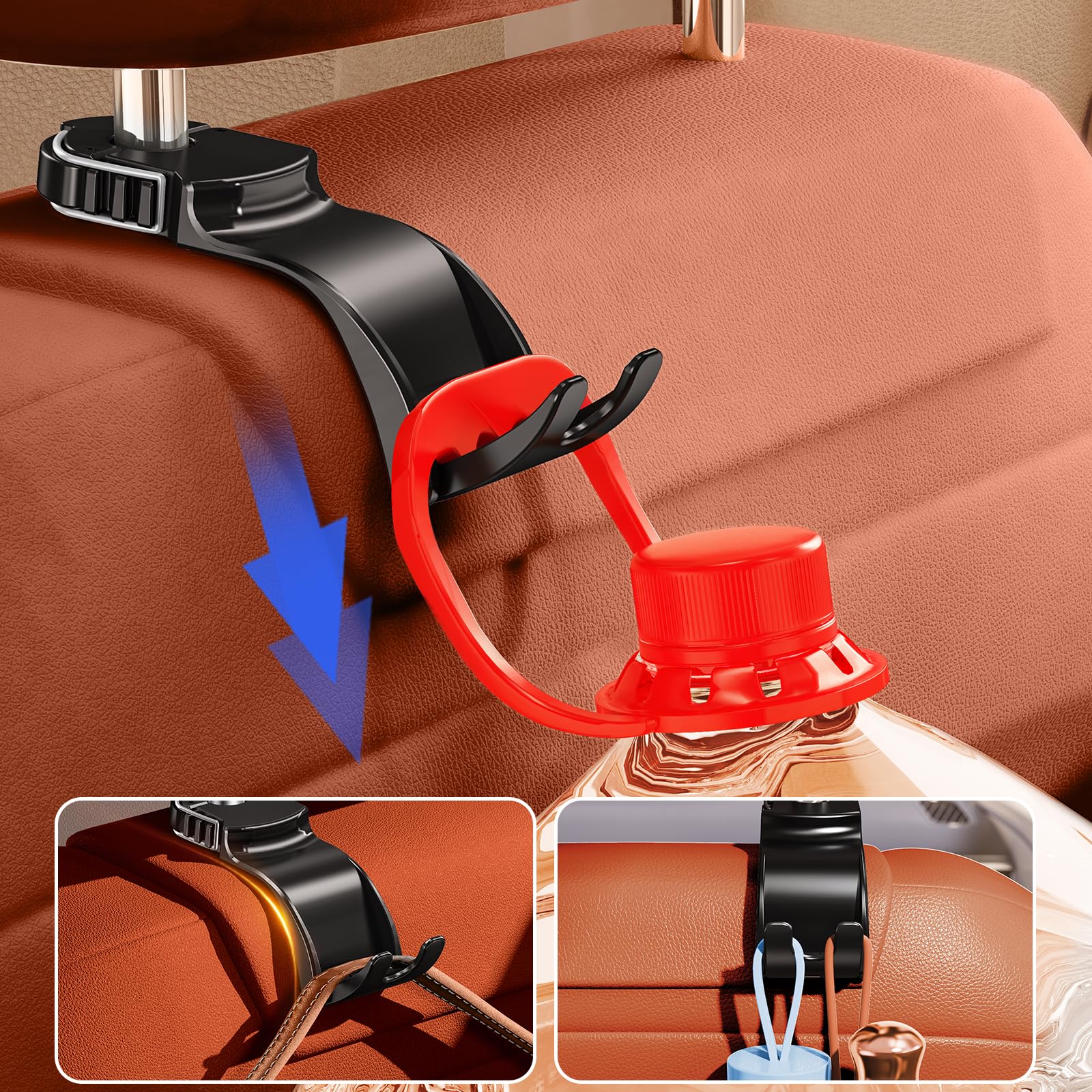 DICMKY 1 Pack Car Purse Hook & Headrest Hooks for Car Back Seat Organizer, Foldable 360° Rotation Backseat Car Organizers and Storage with Key, Bag, Garbage Bag Hanging, Car Accessories for Women Men