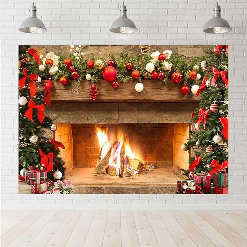 Lofaris Christmas Fireplace Backdrop Winter Xmas Tree Colorful Festive Decorations