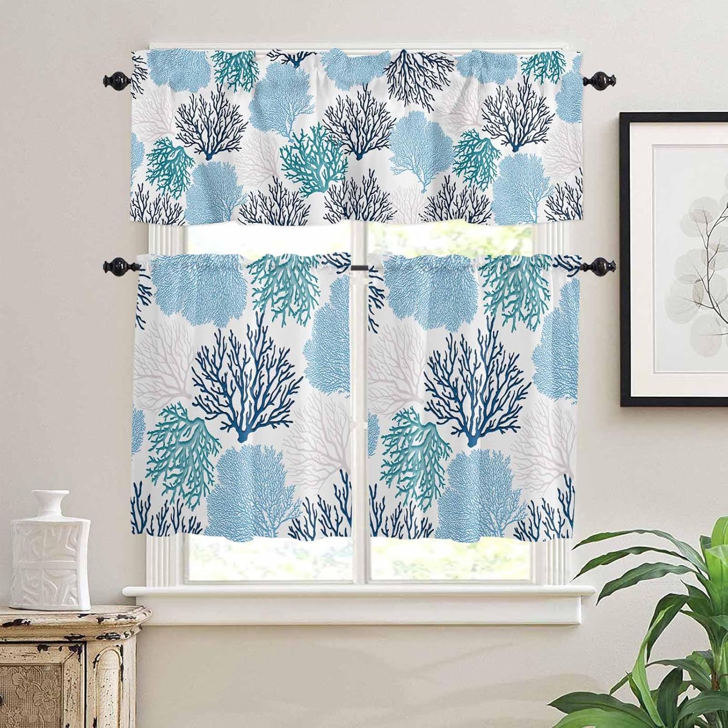 Blue Ocean Coral Kitchen Curtains and Valances Set, Geometric Abstract Texture Decorative Window Valance Curtain for Living Room/Bathroom/Bedroom, Semi-Sheer Rod Pocket Swag Windows Tier Curtains