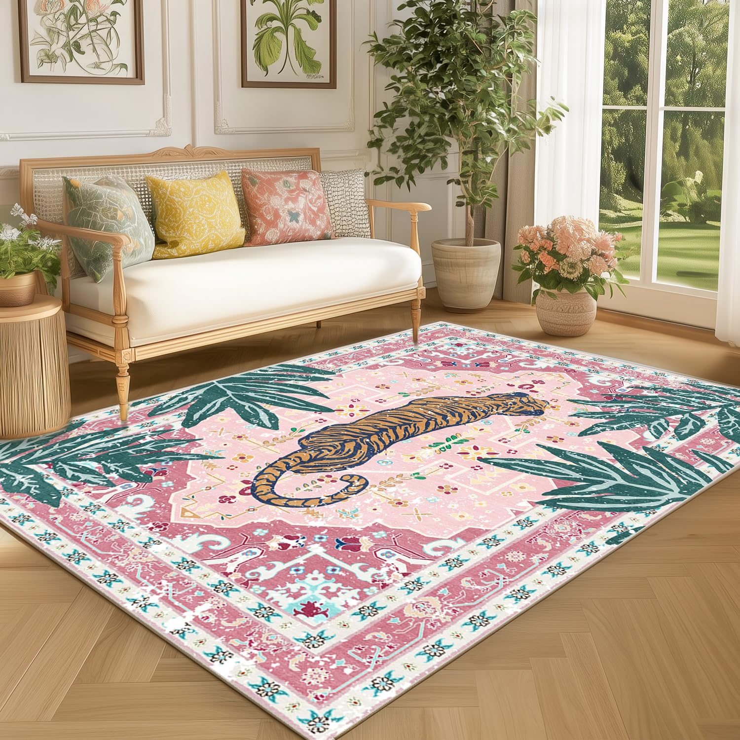 6x9 Washable Non-Slip Area Rug, Pink Boho Vintage Tiger Rug, Soft Cozy Faux Cashmere Tropical Jungle Rug for Dining Room, Living Room, Bedroom, Large Easy Clean Decorative Carpet