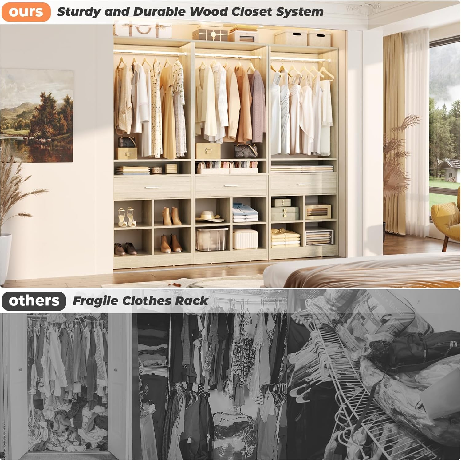 Unikito 100" Closet System, 8.3FT Closet Organizer with 4 Wooden Drawers, Closet Organizer with 4 Hanging Rods & 16 Cubby Storages, Easy Assembly Walk in Closet Tower Wardrobe, Set of 4, White Oak