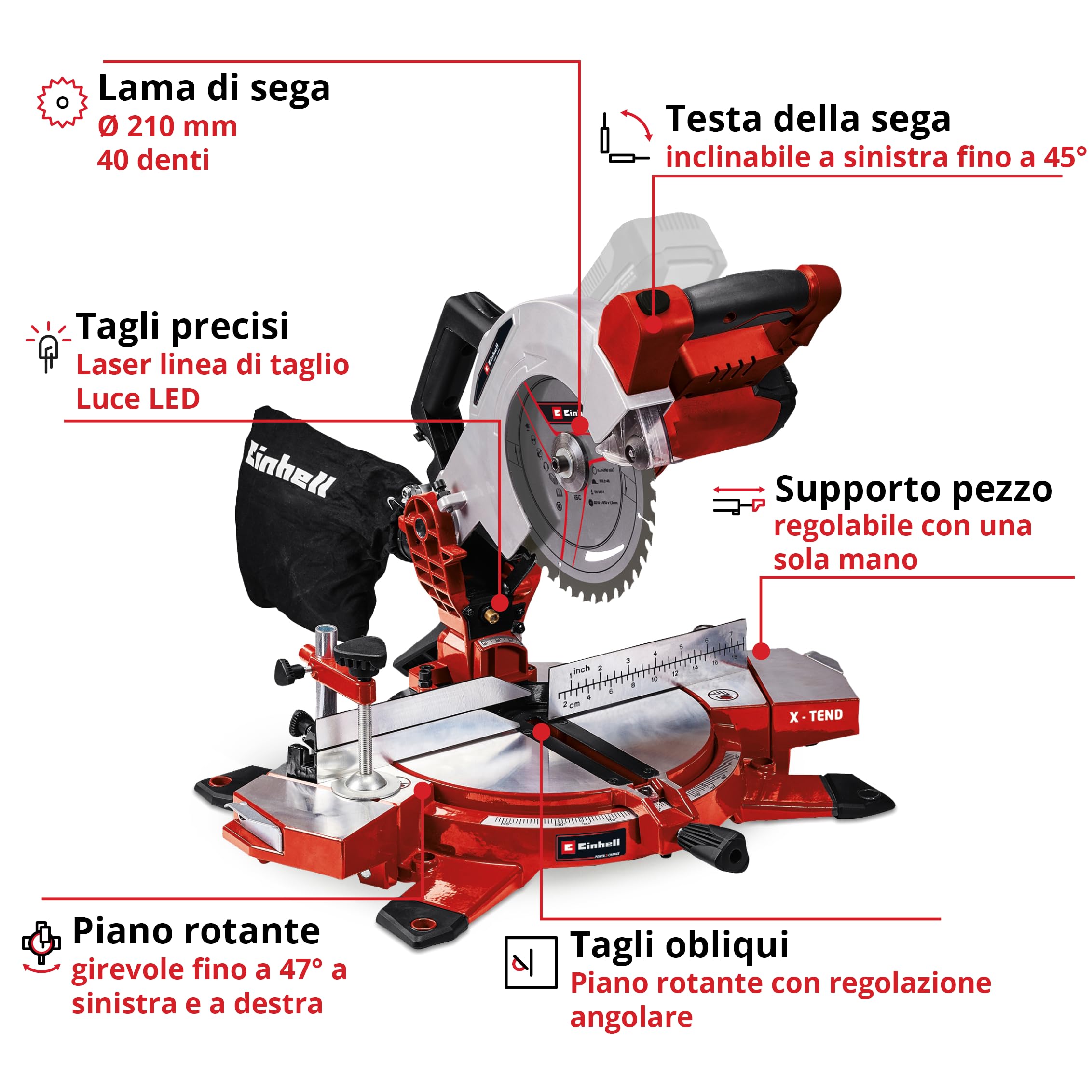 Einhell TE-MS 18/210 Li-Solo Troncatrice a batteria Power X-Change (giri al min. 3000, lama Ø210 x Ø30, inclinabile fino a 45 °, senza batteria e caricabatteria)