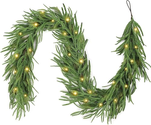 VSTKEN 9FT Christmas Garland with LED String Lights, Norfolk Pine Garlands, Real Touch, Artificial Greenery Garland, Waterproof for Indoor&Outdoor, Fireplace, Banister, Wall,Christmas Holiday Decor