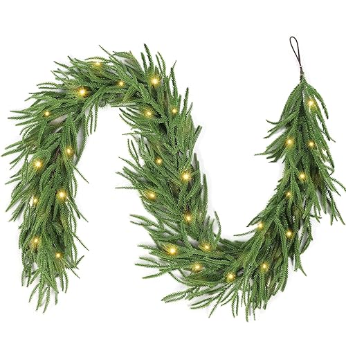 9FT Christmas Garland with LED String Lights, Norfolk Pine Garlands,