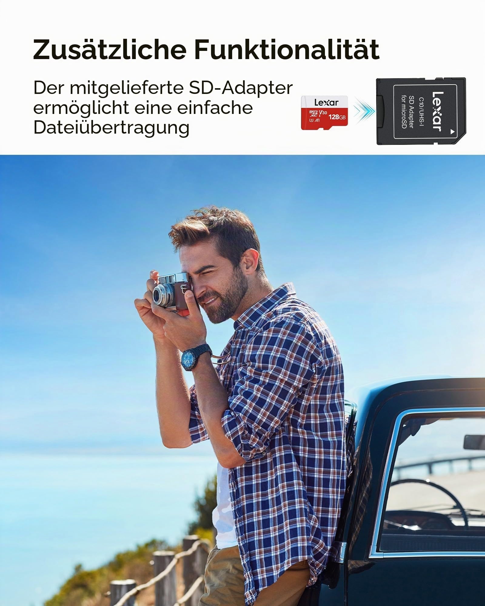 Lexar Micro SD Karte 128GB, Speicherkarte Micro SD mit Adapter, Bis zu 100 MB/s Lesegeschwindigkeit, UHS-I, U3, A1, V30, C10, 4K UHD microsdxc SD Karte für Kamera, Smartphone