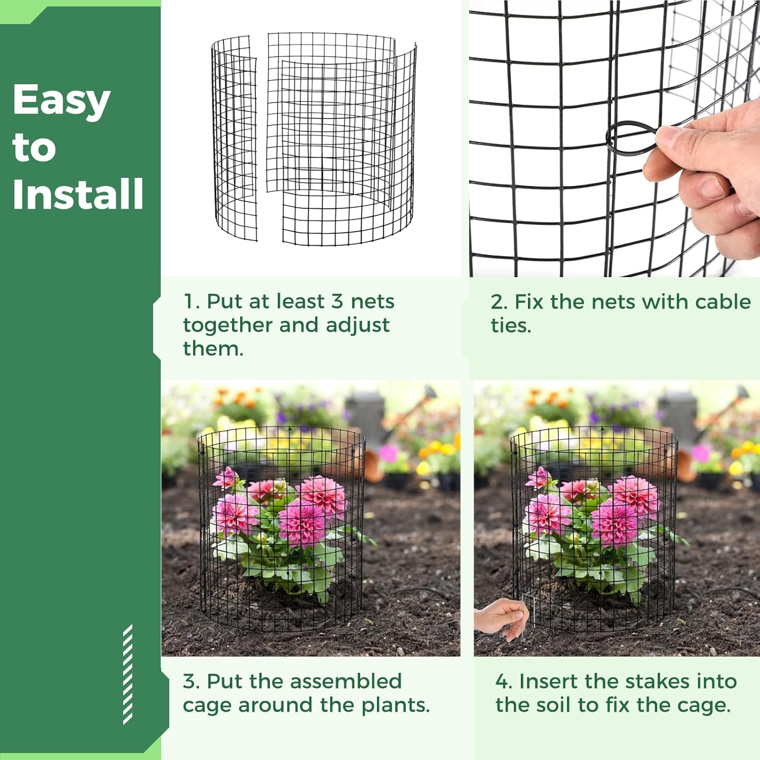 5 Pack Plant Protectors from Animals, Plant Protective Wire Mesh, 13” x 14” Plant Cages for Garden Flowers, Vegetables from Squirrels, Rabbits, Chickens, Metal Net with Cable Ties & Ground Stakes