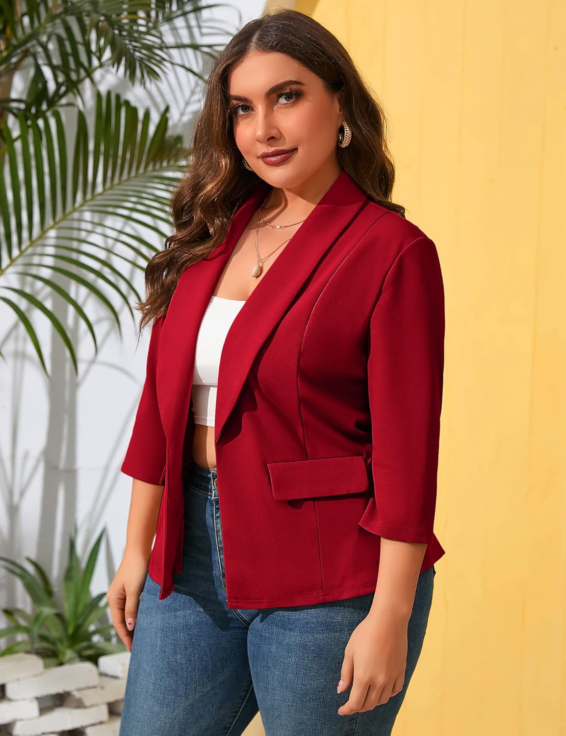 ShopWonder Womens Plus Size Casual Pocketed Blazer Office Open Front 3/4 Sleeve Cardigans Jacket Work Suit - Image 3