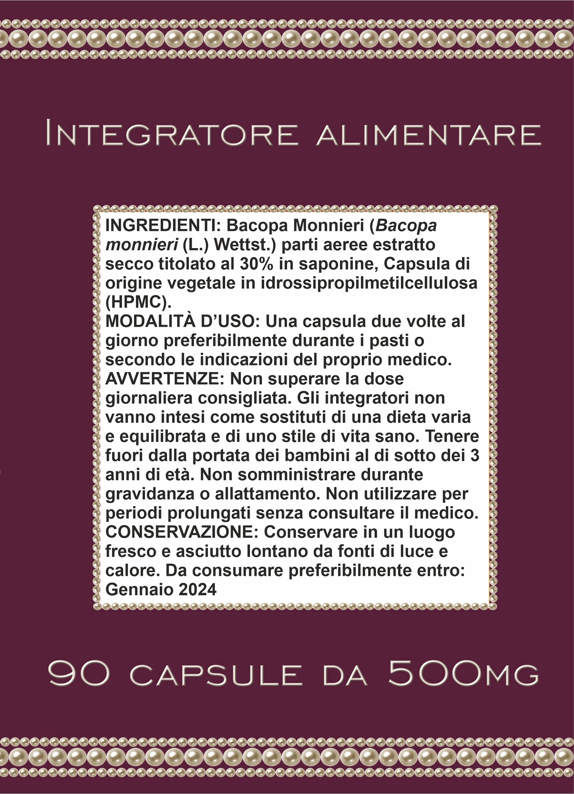 BRAHMI - Bacopa monnieri - 100% estratto secco titolato al 30% di Saponine (Bacosidi) - 90 capsule vegetali da 500mg - Memoria e Funzioni Cognitive - Rilassamento e Benessere Mentale