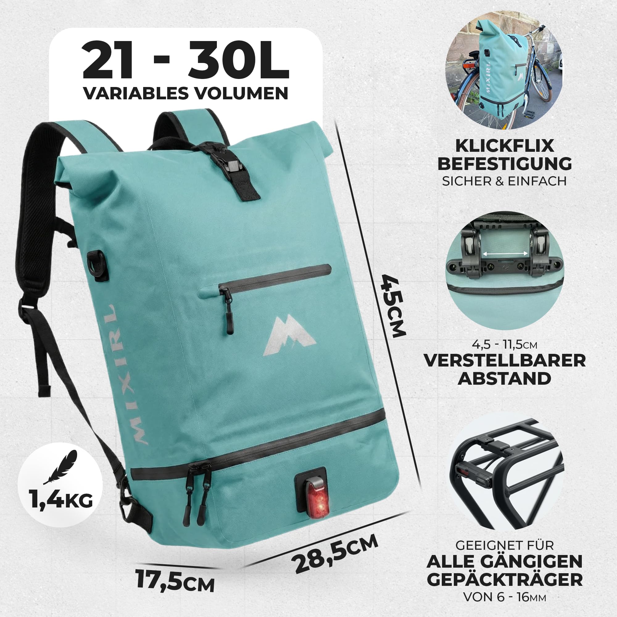 3in1 Fahrradtaschen für Gepäckträger mit Rucksack 100% Wasserdicht 30L I Kühlfach I Gepäckträgertasche Reflektierend Laptopfach Tasche fürs Fahrrad (Mint)