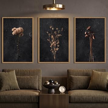 Large Boho Moody Dark Floral Framed Canvas Wall Art Set -24"x36"x3