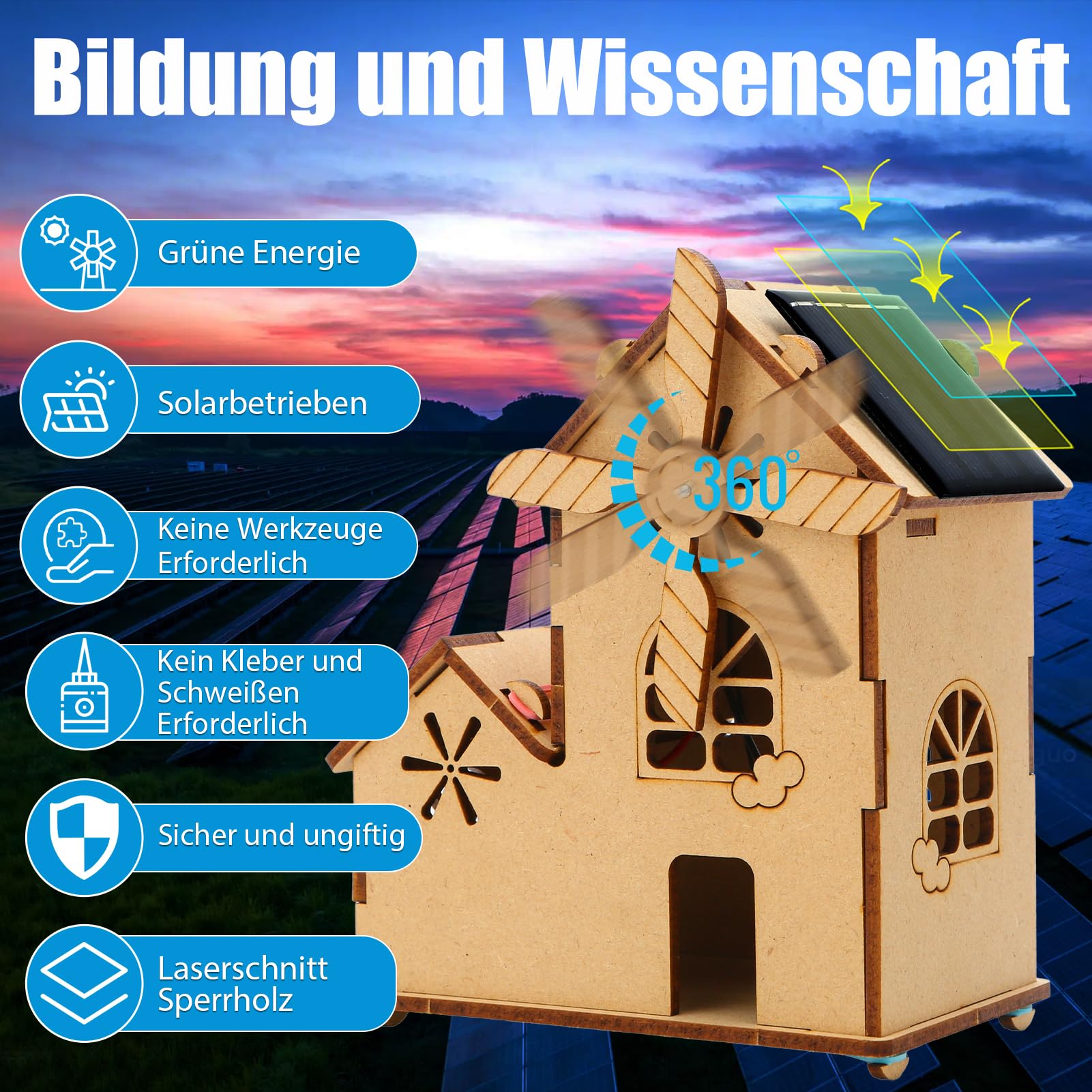 Kit Moulin à Vent Solaire En Bois GALPADA - Ornement DIY Éducatif Pour Enfants Expérience Énergie
