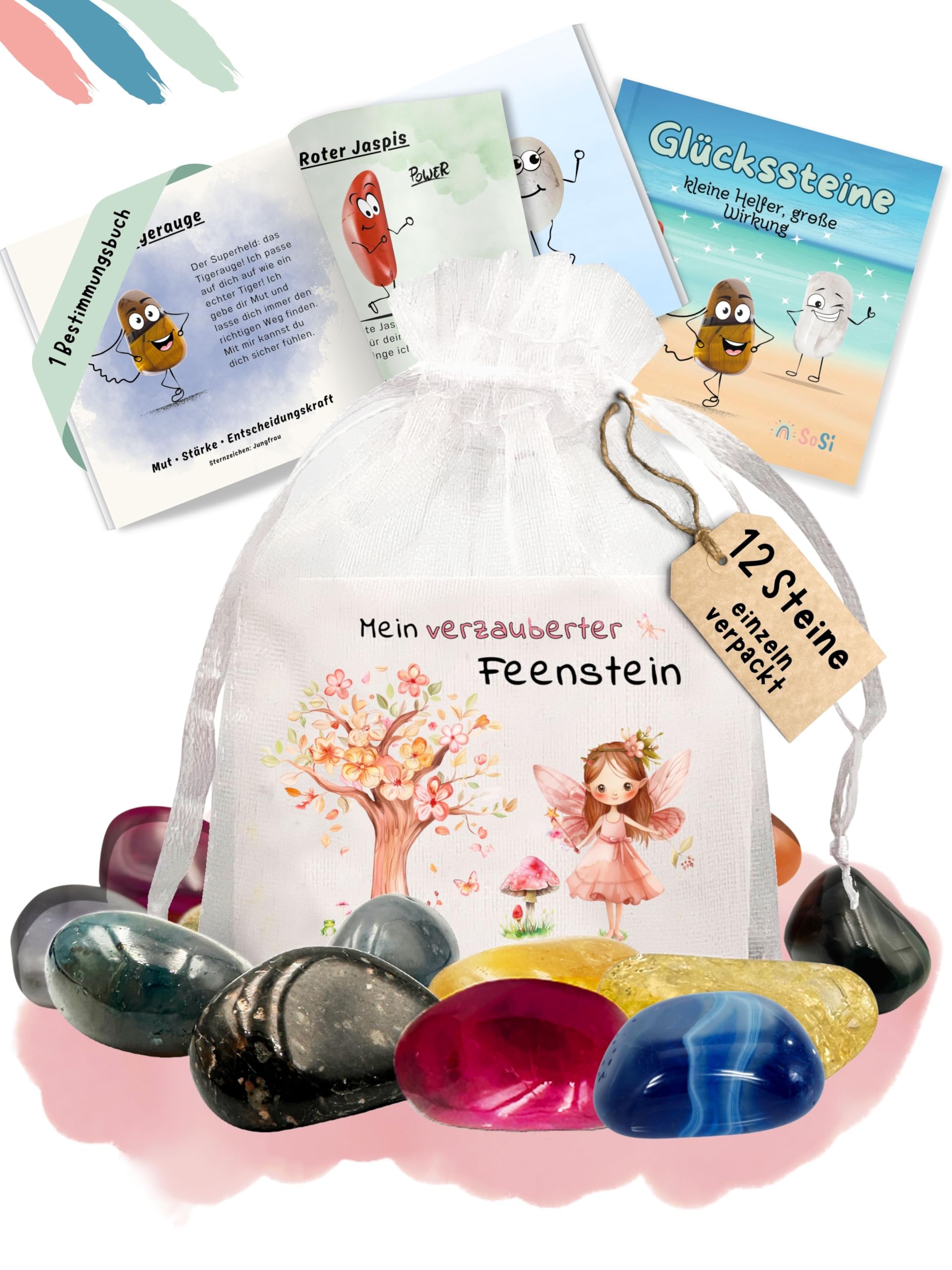 SoSi 12 Feensteine, 2-3cm, Glücksstein mit Bedeutung, Zahnfee, Mitgebselstein, Mitbringsel, Give Away, Glücksbringer, Kindergeburtstag, Gastgeschenk, Kindergarten, Kommunion, Einschulung