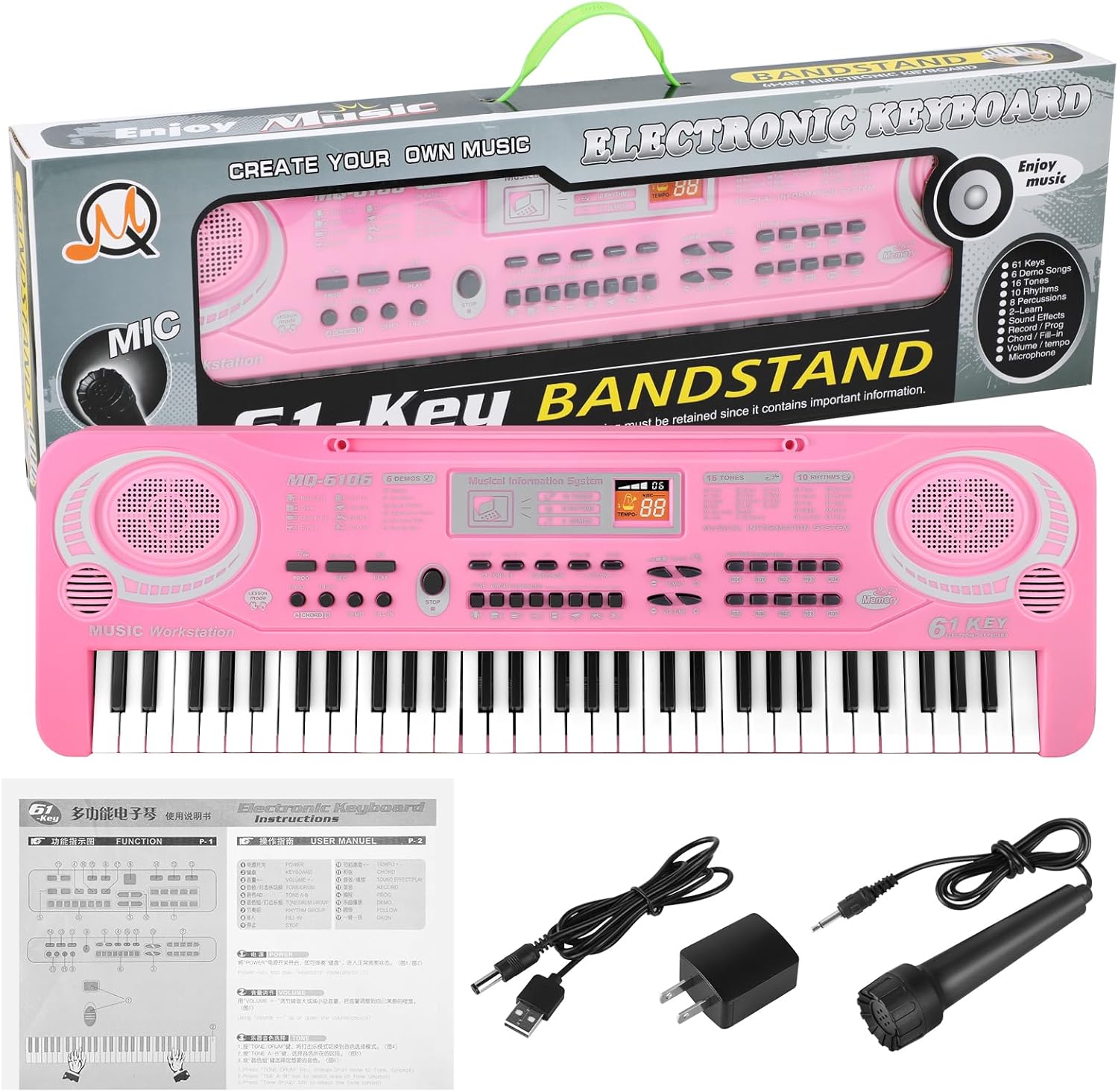 keyboard piano electric music keyboard 61 key musical instruments toy portable piano w/usb microphone birthday christmas gifts for kids children pink