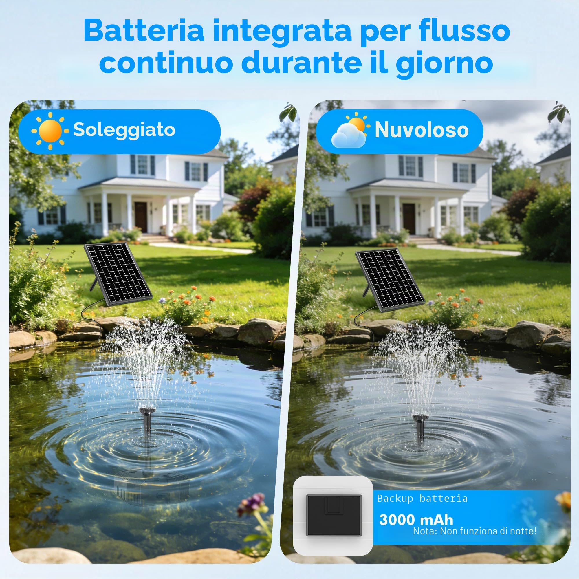 Pompa solare per laghetto 6 W con batteria 10 ugelli 500 l silenziosa fontana da giardino
