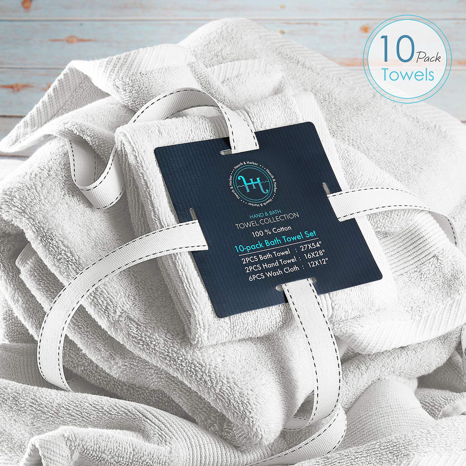 Hearth & Harbor Zestaw 100% bawełny – ultramiękki i wysoce chłonny ręcznik plażowy, do spa i łazienki, do ciała, pod prysznic, 2 do rąk, 6 ścierek, biały