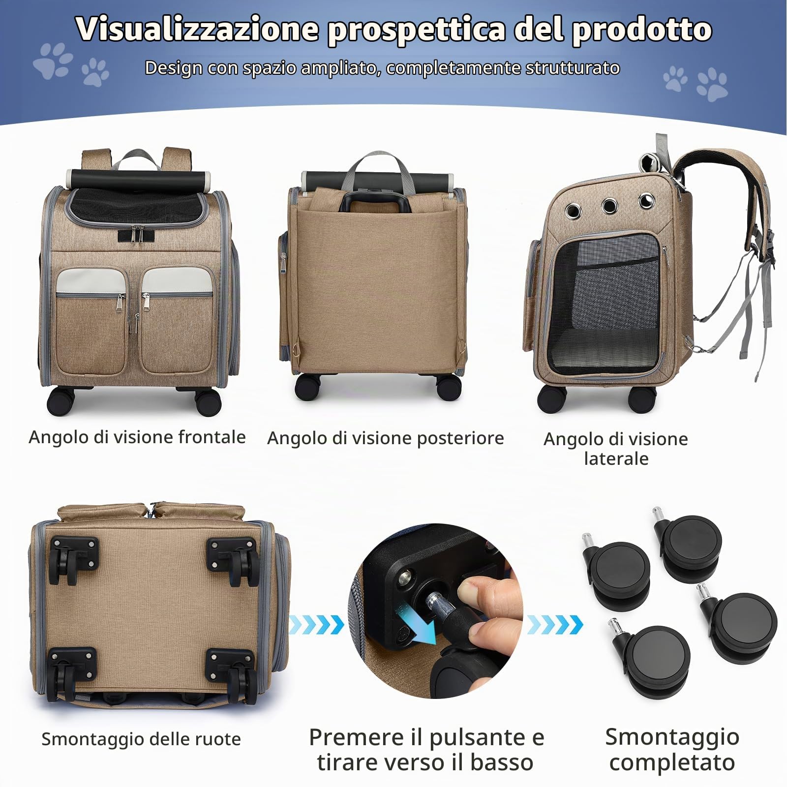 PETCUTE Zaino Trolley per Cani e Gatti,Zaino Portatile per Cani con Tasche Frontali,Multifunzionale,Traspirante Zaino per Gatti Grande con Ruote,Zaino per Animali Domestici,Tappetino Rimovibile