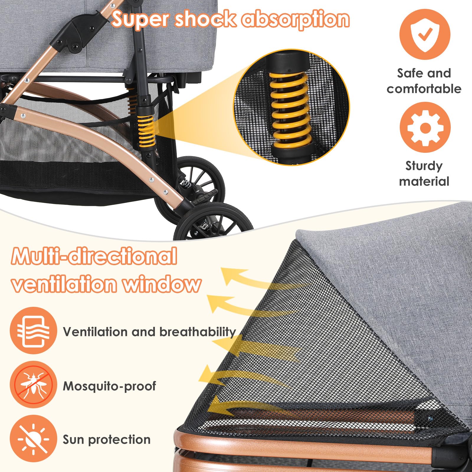MAMIZO Carro para Perros 3 en 1,Cochecito Plegable con Cesta de Almacenamiento,Ventanas de Malla y Soporte para Bebidas,para Perros y Gatos,hasta 20 kg,4 Ruedas Giratorias 360°,Gris Oscuro
