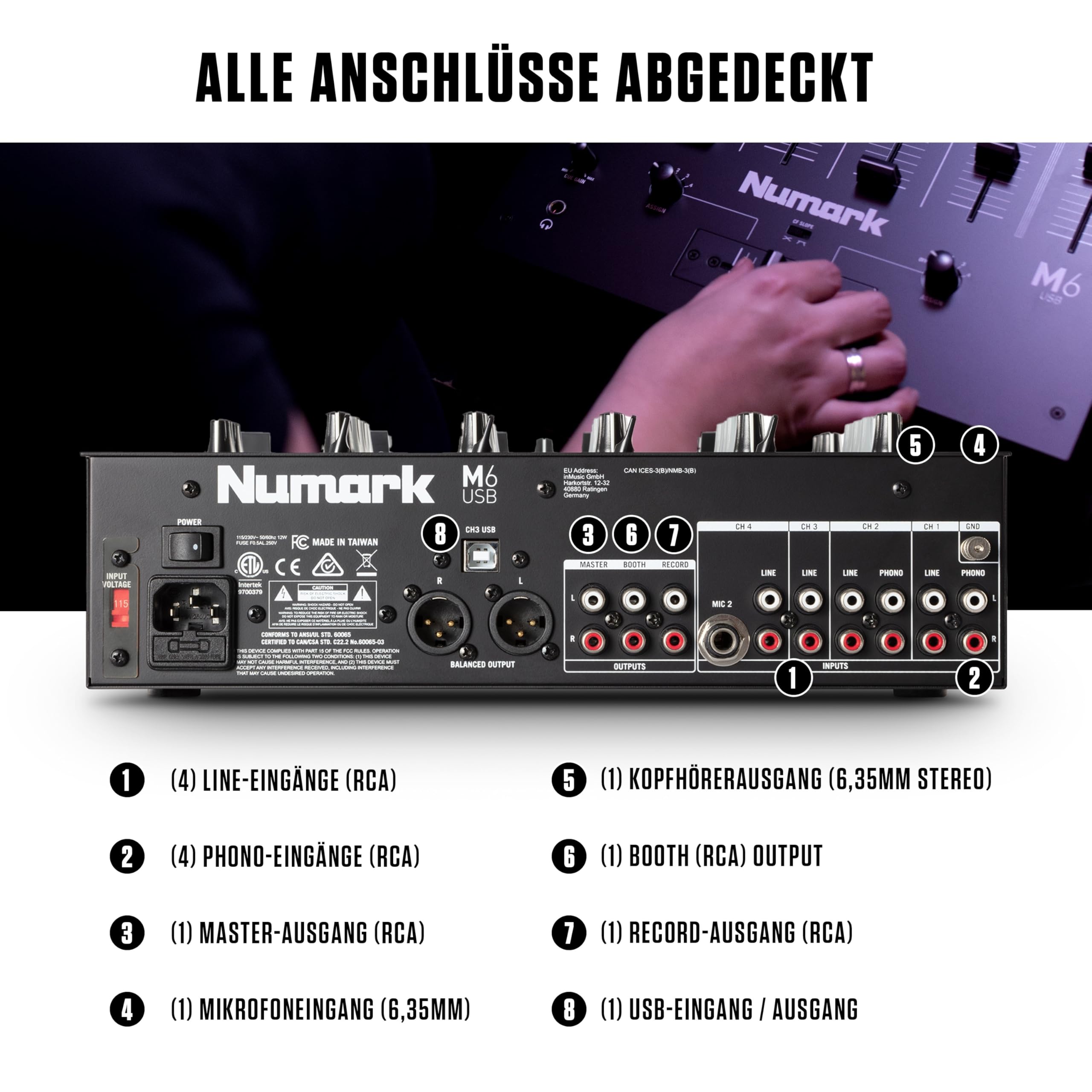 Numark M6 USB - 4-Kanal DJ-Mixer mit integriertem Audio Interface, 3-Band EQ, Mikrofoneingang und austauschbarem Crossfader mit Slope-Kontrolle