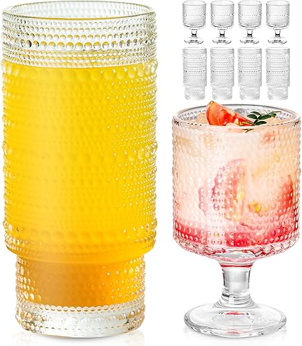 KEMORELA Juego de 8 vasos vintage para beber y cristalería de hobuñas incluye vasos de agua de 16 onzas y copas de vino de copa de 8 onzas, disponible en Yaxa Costa Rica