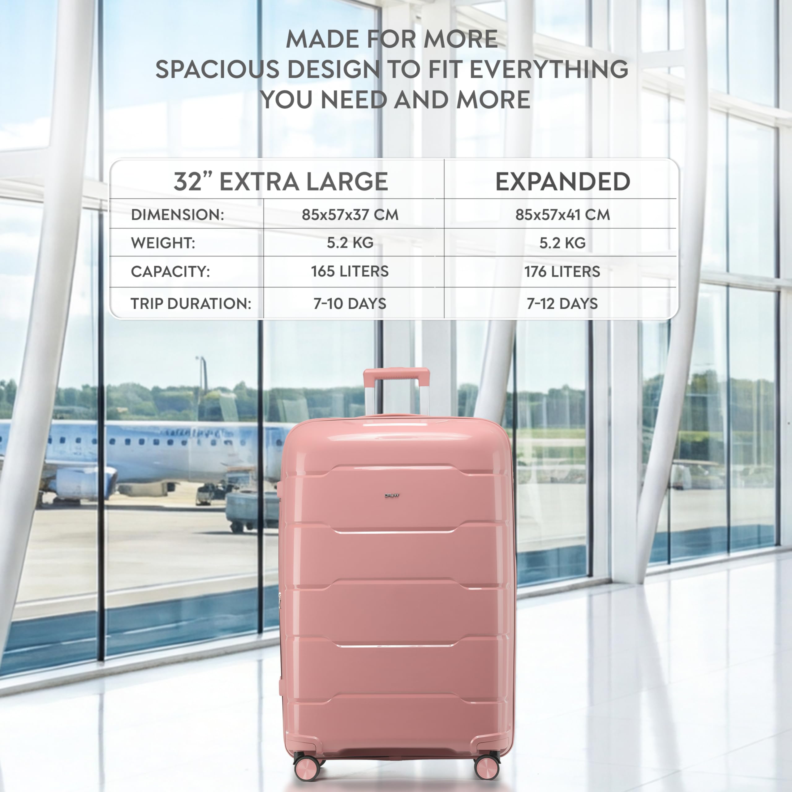 CRUW Extra Large 32" Checked Luggage 85x57x37cm + Expandable Hold Baggage (165/176 Liters) Polypropylene Suitcase TSA Approved Lock 8 Silent Spinner Wheels Lightweight Suitcases Airline Travel