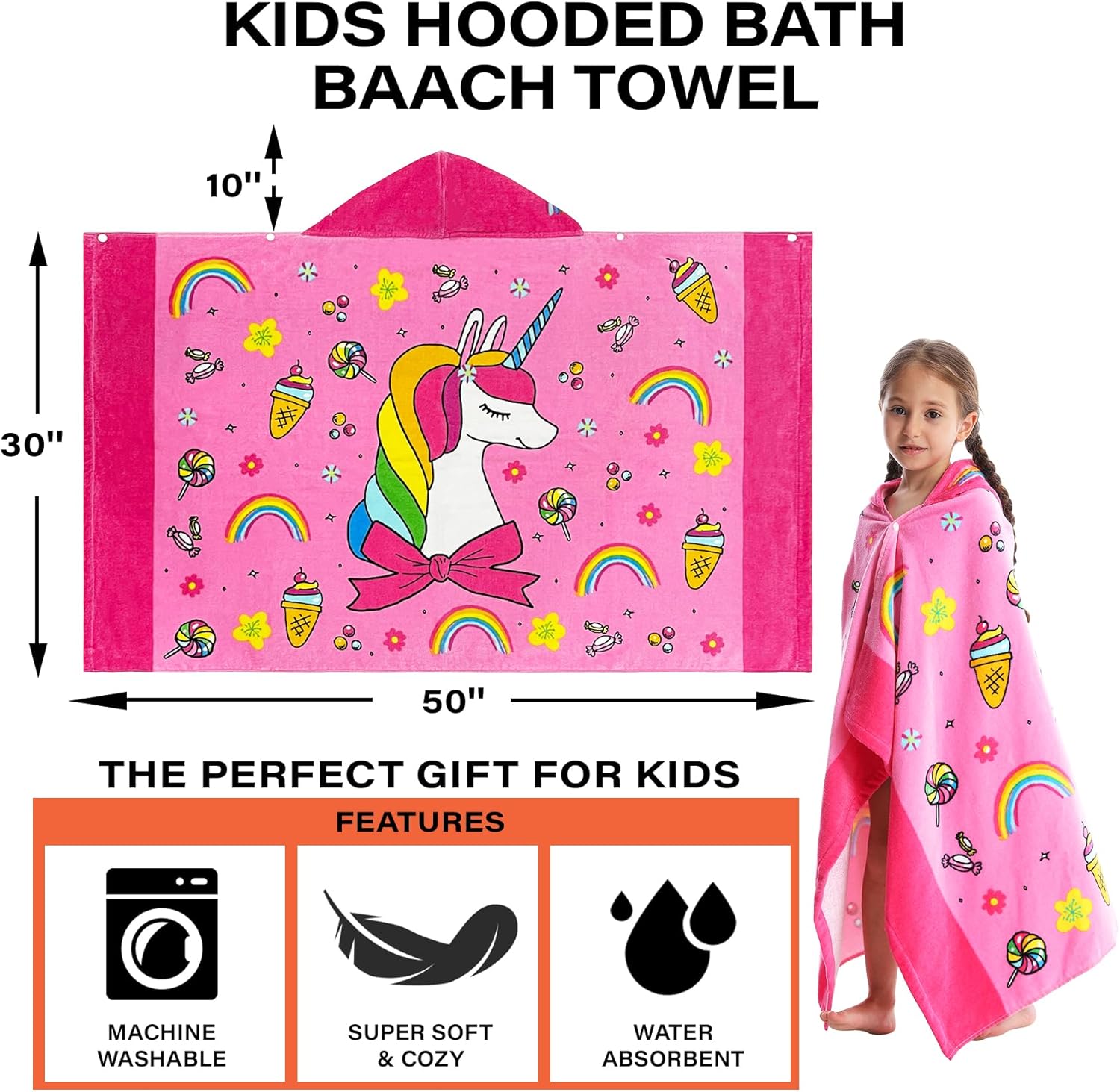 Kids Bath Towels, Kids Towel Girls Boys Hooded Beach,Bathroom,Pool Swim Towels 30 × 50 INCH Large Size Ultra Absorbent Cute Cartoon Animal Full Vitality 100% Cotton Wearable Wrap for Child