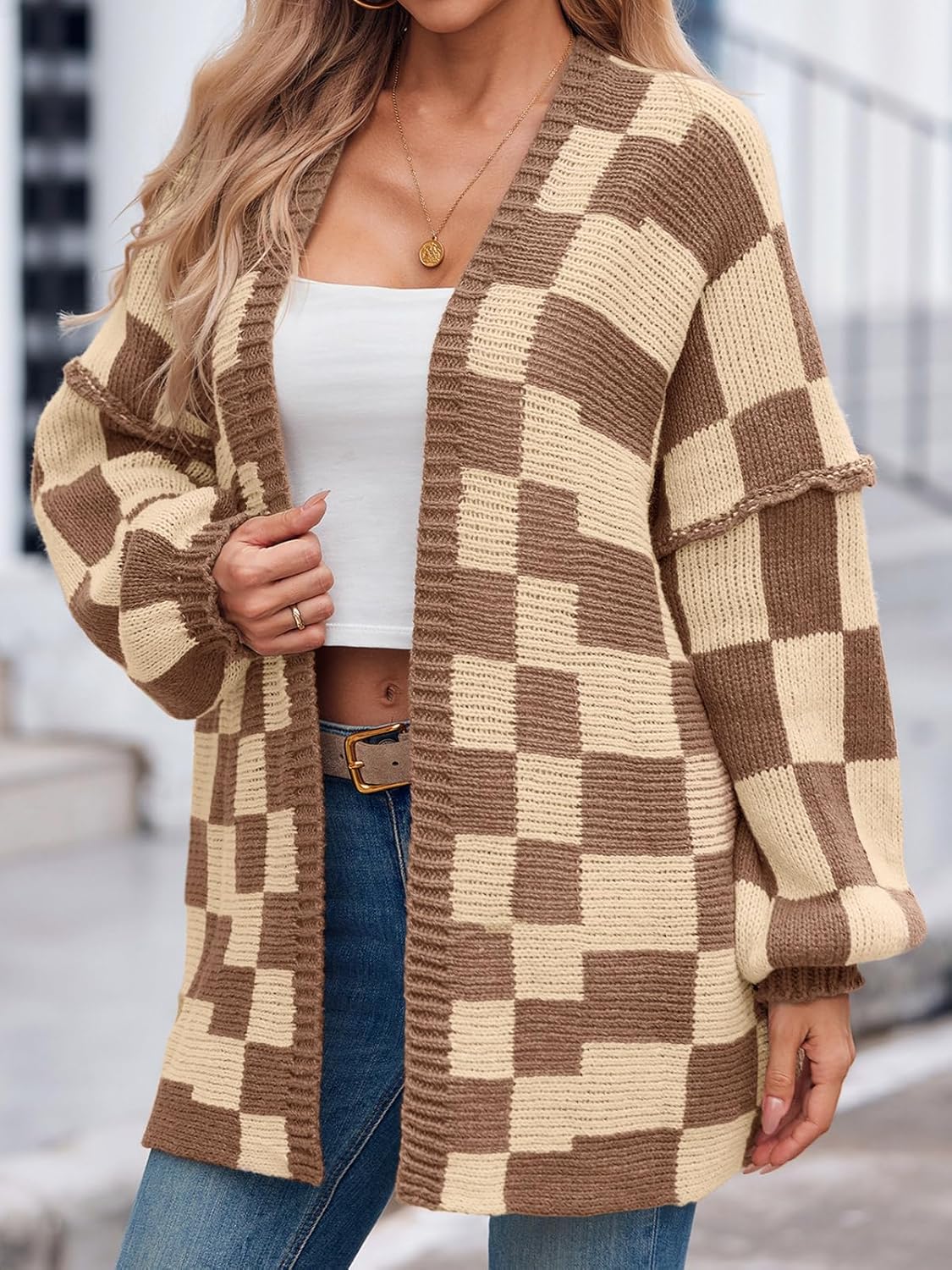 Saodimallsu Womens Checkered Oversized Cardigan Sweaters Color Block Chunky Open Front Lantern Sleeve Plaid Knit Coats - Image 3
