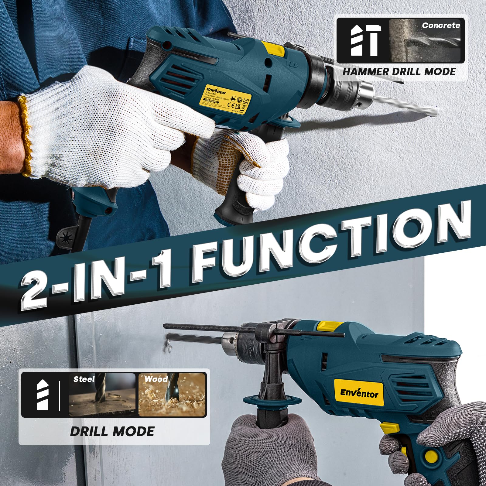 Enventor 7.5 Amp Hammer Drill, 1/2 Inch Electric Drill Hammer, 900W 0-3000RPM Variable Speed, 360° Auxiliary Handle, Lightweight Corded Hammer & Drill 2 in 1 with 9pcs Bit for Metal, Wood, Blue