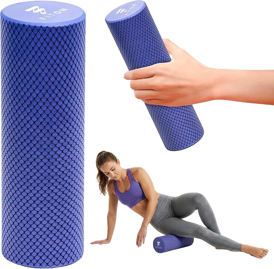 FitOn Foam Roller for Muscle Recovery - Compact and Portable, High-Density Foam Roller for Back Massage &amp; Deep Tissue Relief and Home Exercise, Ideal for Use on Neck &amp; Leg Soreness, 12"x4", Purple