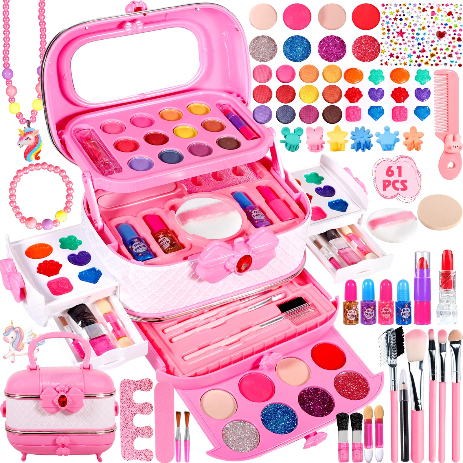 MULEVIP Kit de Maquillaje para Niño 66PCS Lavable de Maquillaje Maquillaje para Niñas,Kit de Maquillaje Niñas, Regalo de Princesa para Niñas Mayores de 3 4 5 6 7 8 9 10 Años (Rosa)