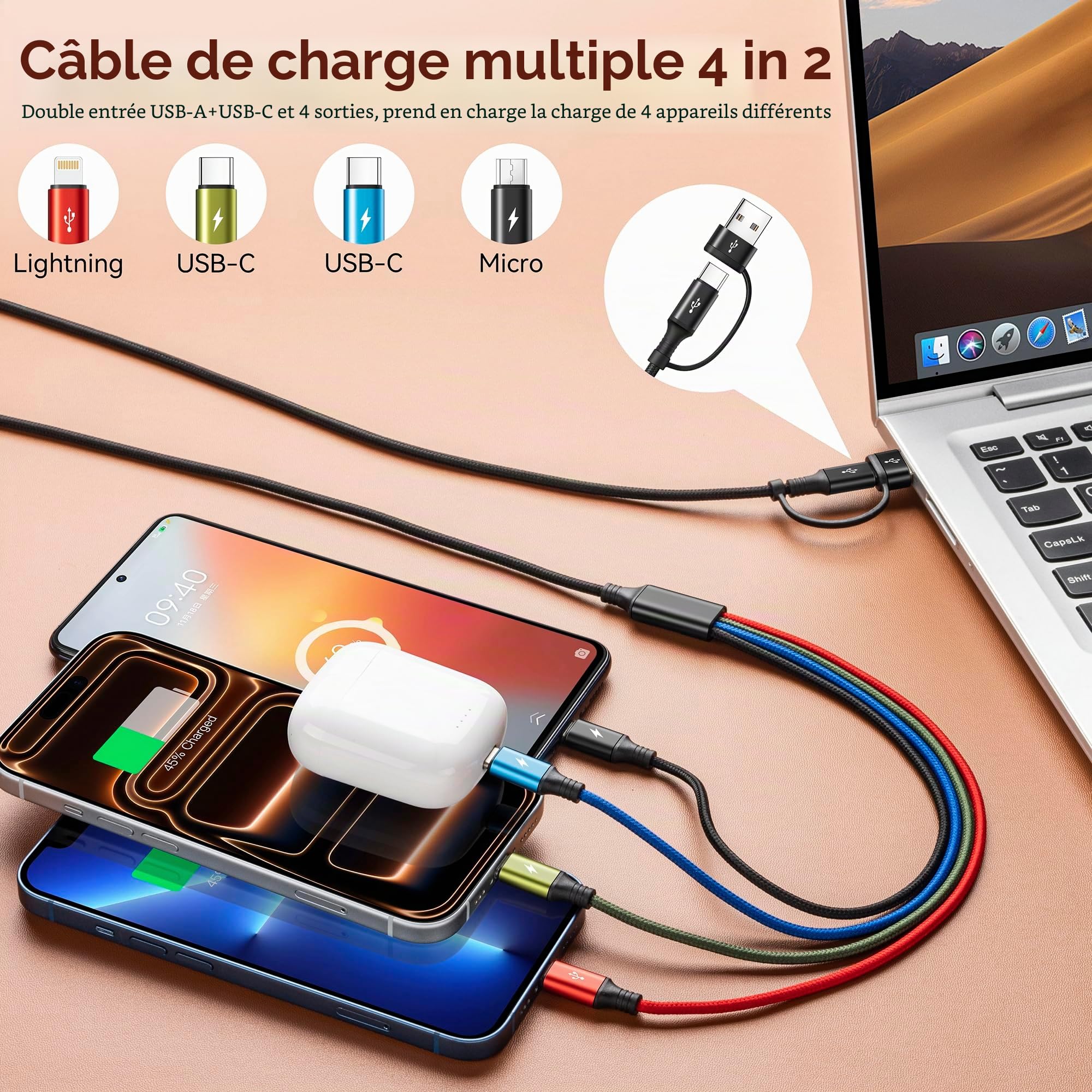 Minlu Câble de Charge Double Type C, Câble Multi USB 4 en 2 [3,5A 1,8M] Câble de Charge Rapide USB A/C vers 2*USB-C+Lightning+Micro, Câble USB pour iPhone 17,16,15,14,13,12/Galaxy/Android/Tablette