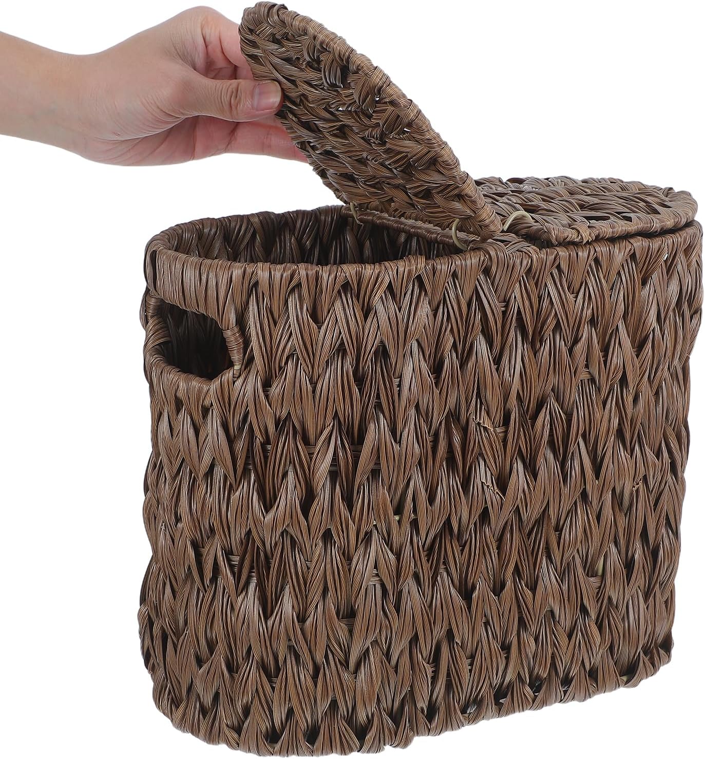 Toilet Paper Storage Basket with Lid, Imitation Rattan Toilet Holder for Bathroom, Decorative Tissue Roll Organizer Container for Rustic Bathroom Accessories