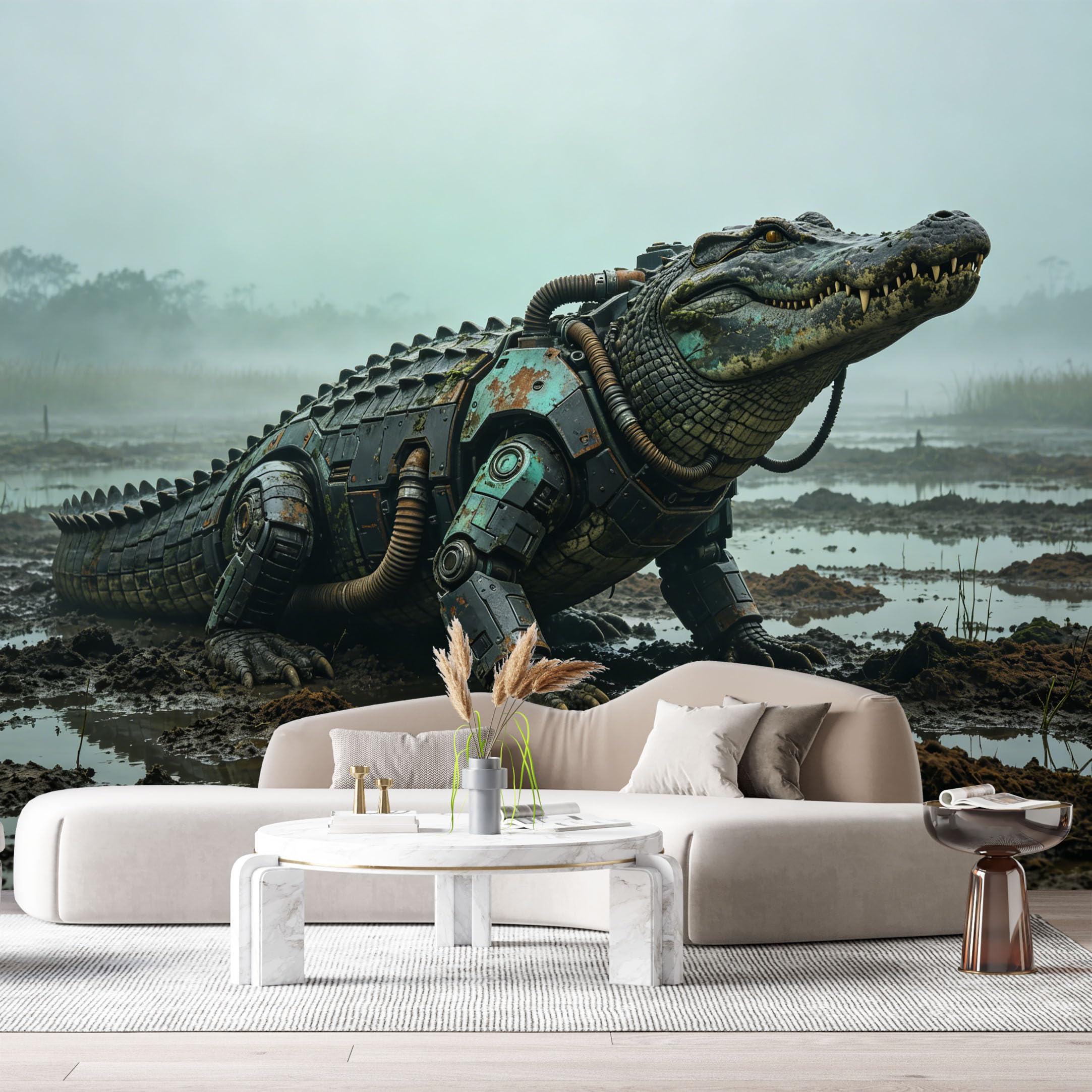 Custom Size Wall Mural Mechanical Crocodile SciFi Robot Cyber Reptile Industrial Mech Matte Metal Texture SelfAdhesive Art Prints Removable Large Wallpaper Esports Room Game Room Studio