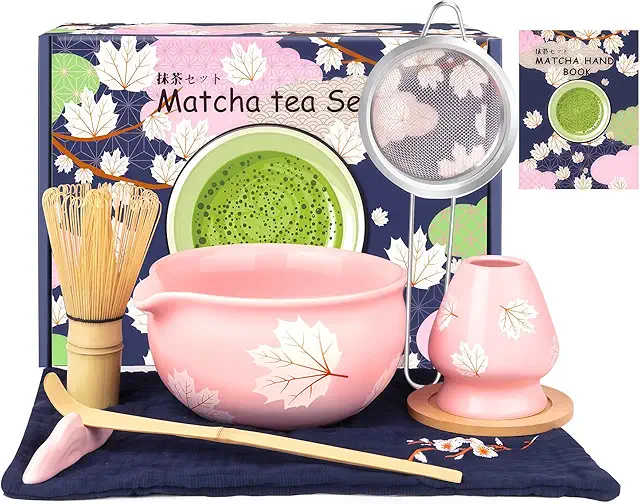 Pink Matcha Whisk Set - 8-Piece Ceramic Bowl & Bamboo Tools for Authentic Tea Ceremony