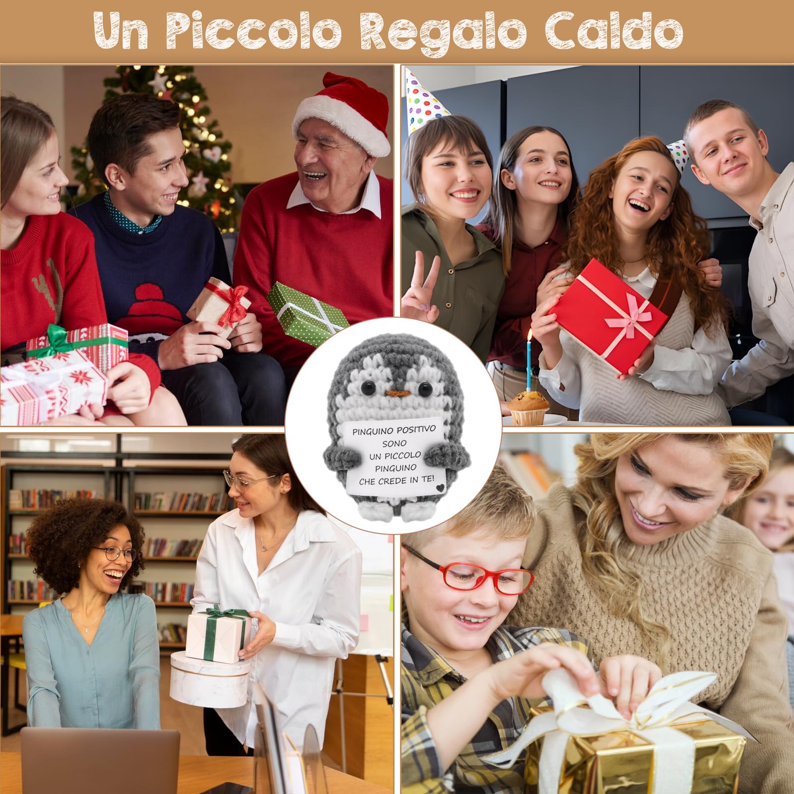 qianduoduo Pinguino Positivo Italiano,Pinguino di Supporto Emotivo,Mini Divertente Pinguino Positive Idea Regalo per Bambini, Famiglia,Coppia, Amici, Lavorata a Maglia by