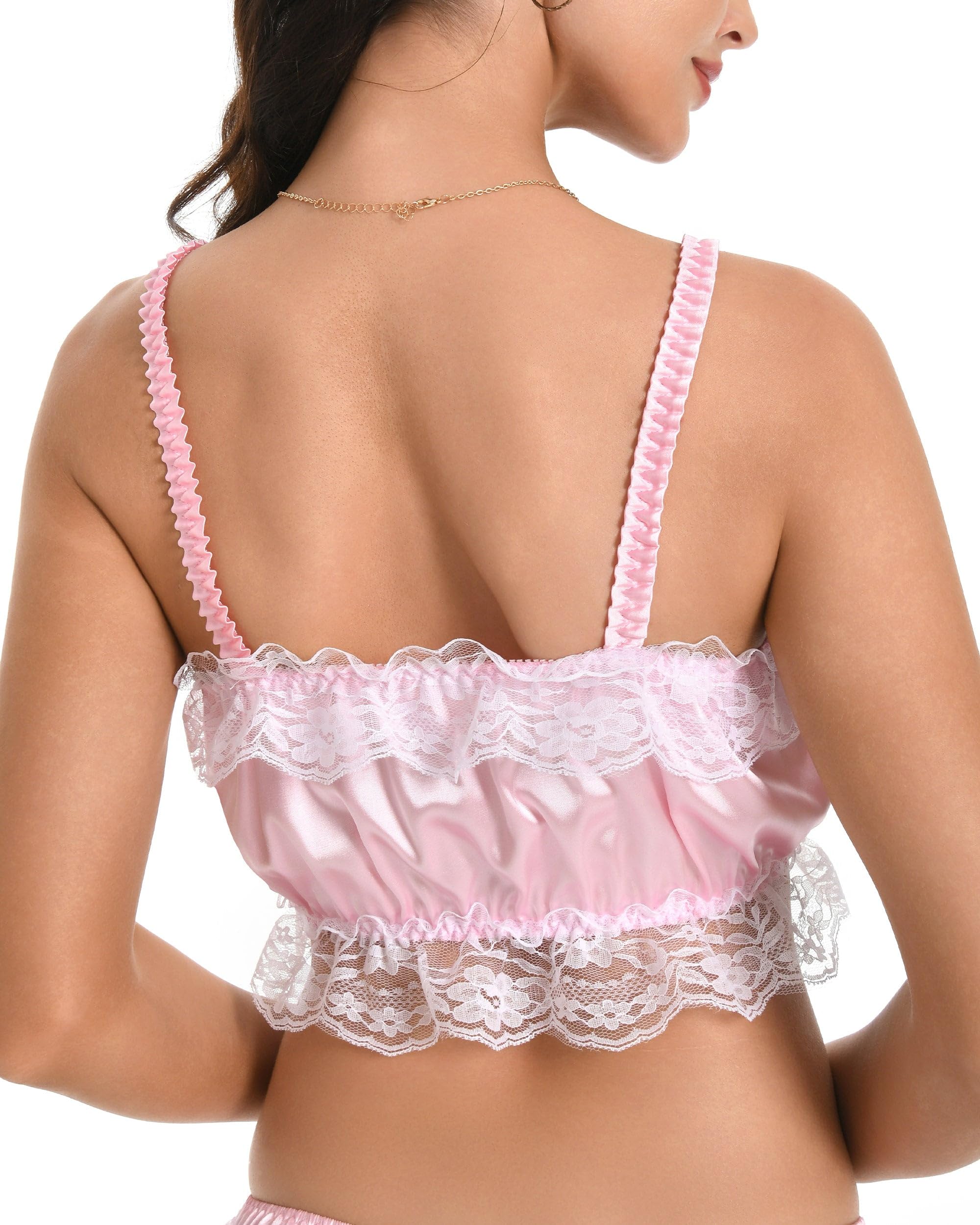 Satini Bralette Sissy Raso Escote Cuadrado | Tirantes Finos con Picot, Ribete de Encaje, Lazos Decorativos, Sin Aros, Prenda de Fantasía, Tallas S-XXL