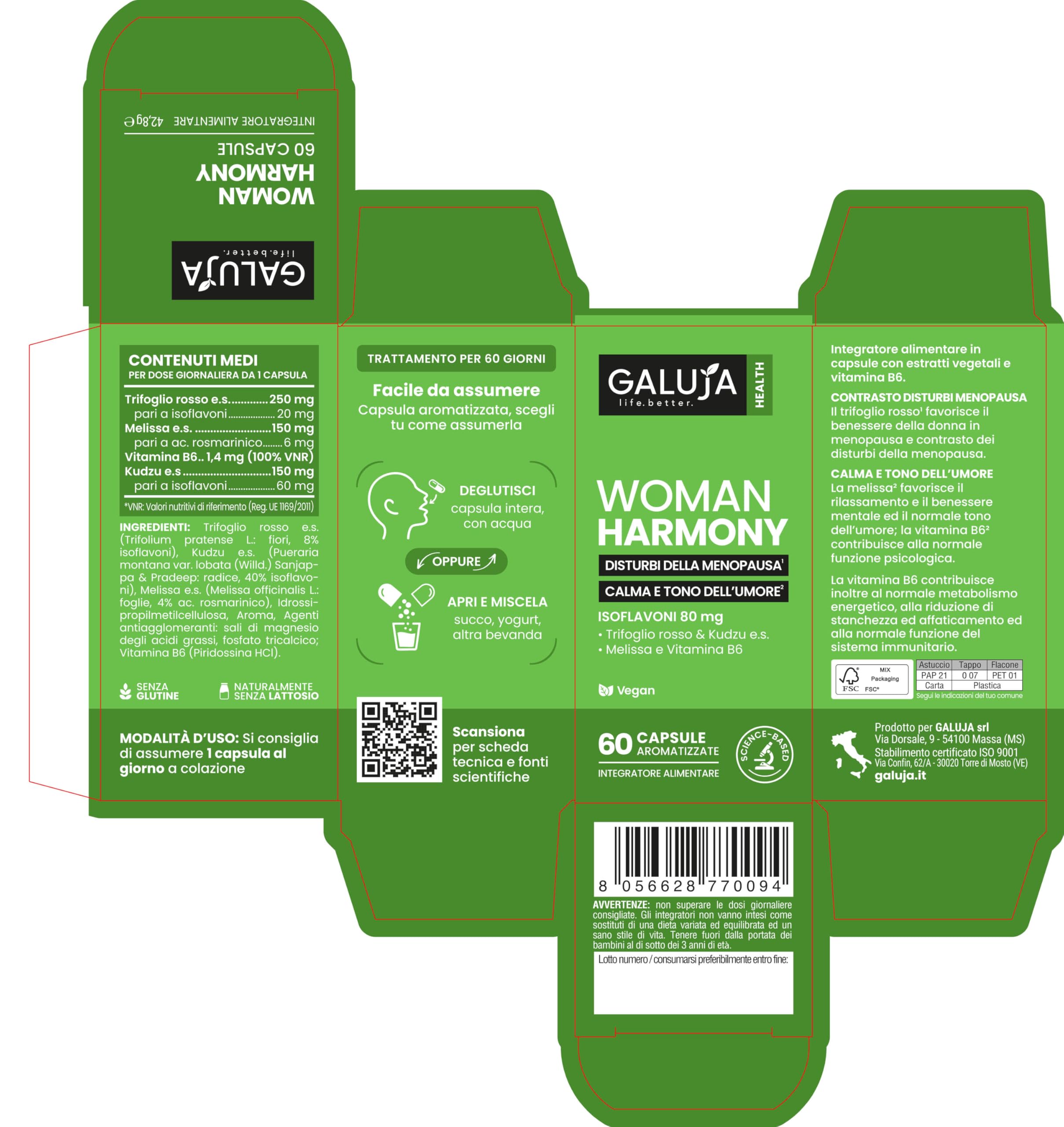 Woman Harmony - Integratore Menopausa & Benessere Femminile - Isoflavoni 80 mg - 30 giorni (60 caps) - Vegan, senza glutine e lattosio, aroma pesca - Melissa + Vitamina B6