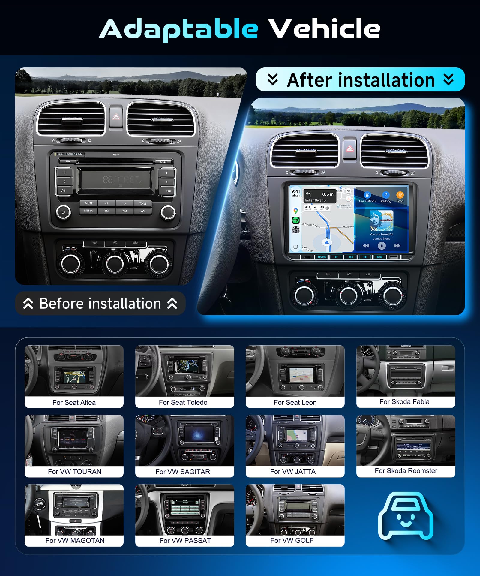 Autoradio 4G+64G con Carplay Wireless/Android Auto per VW Volkswagen Golf 5 6 Jetta Passat Tiguan Seat Touran Skoda,con 9" IPS Touchscreen Bluetooth/USB/Type-C/FM/RDS/EQ,5G WiFi GPS +telecamera