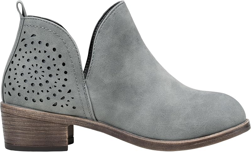 Botines cortos para mujer, botines occidentales de tacón bajo con punta redonda | Cómodos botines de inspiración occidental, acolchado de espuma viscoelástica, cremallera lateral con hebilla u opciones de diseño sin cordones perforado