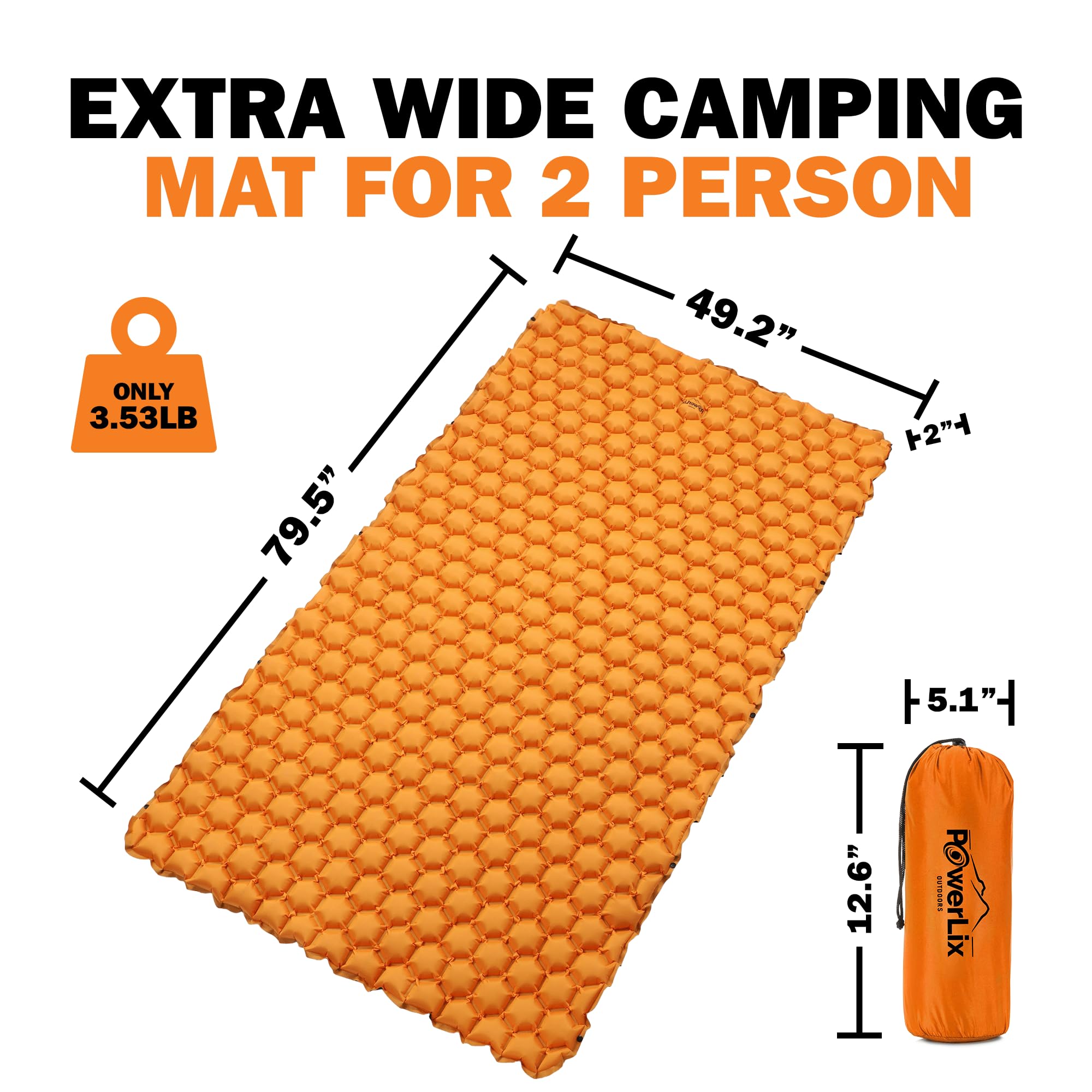 POWERLIX Double Sleeping Pad - Ultralight 2 Person Camping Mattress for Backpacking, Hiking, Compact Inflatable Camping Sleeping Mat, Easy to Inflate Portable Camping Pad Air Mattress