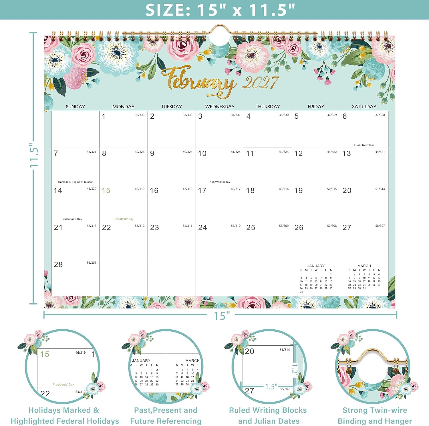 2027 Wall Calendar - Calendar 2027, JAN 2027 - DEC 2027, 15" x 11.5", 2027 Calendar 12 Month with Spiral Bound, Julian Dates, Thick Paper Perfect for Home Office Organizing image 3