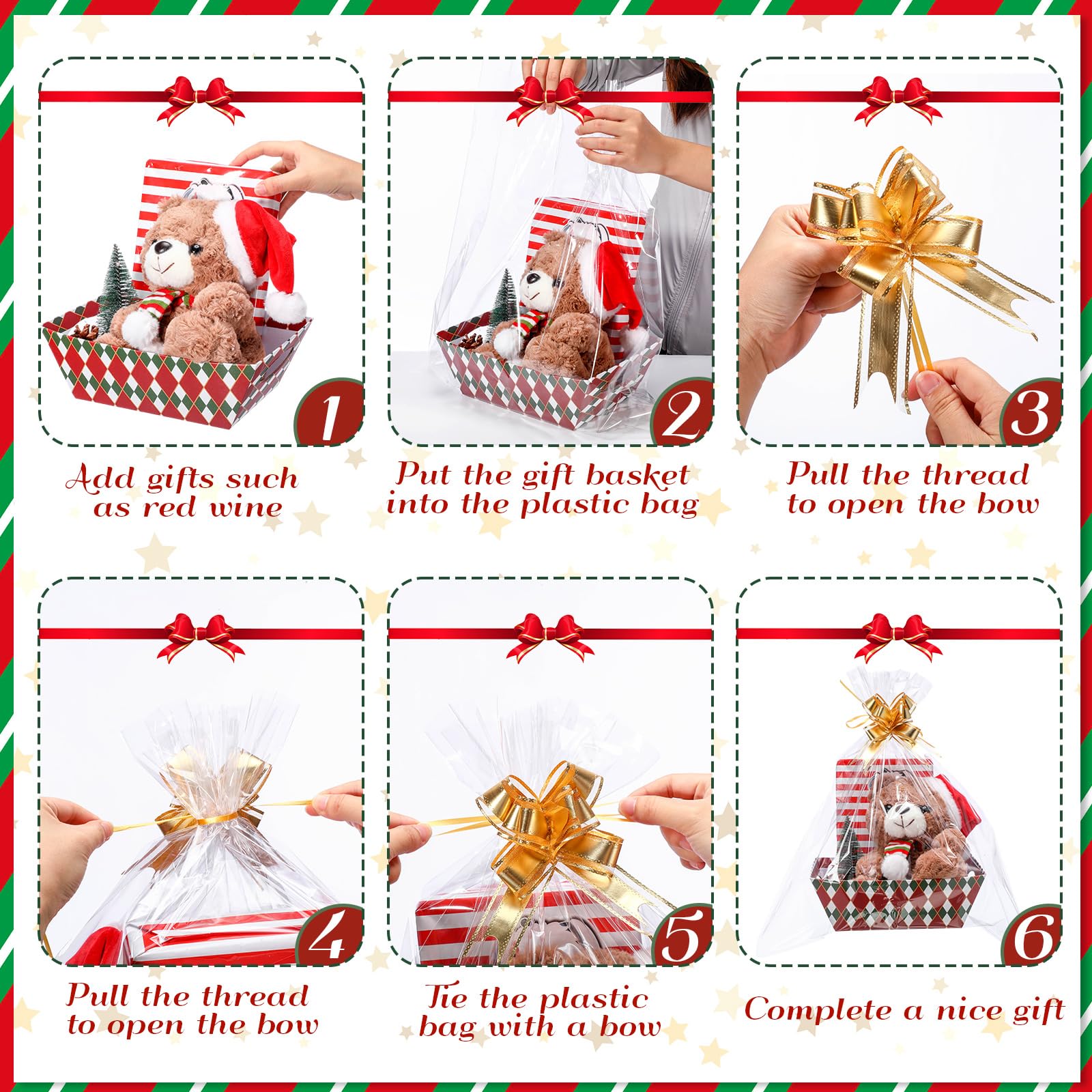 Nuogo Paquete de 12 cestas de Navidad vacías para regalos de 9.8 x 6.5 pulgadas, cesta de regalo vacía para llenar bandejas de cartón con bolsas de cesta, lazos para Navidad, vacaciones, regalos de