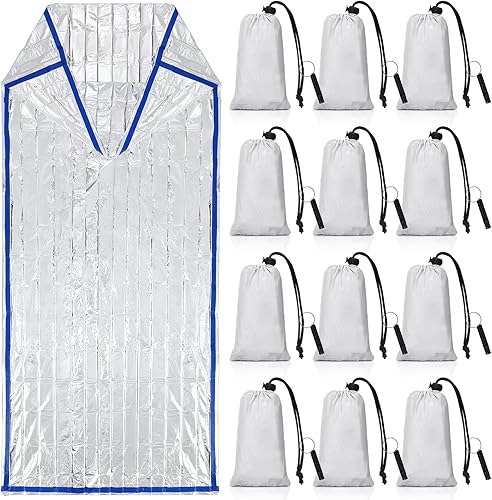 Miniatura 1 de Qunclay Juego de 12 bolsas de dormir de emergencia de supervivencia Bivvy Saco con silbatos, ligero, portátil, bolsa de supervivencia térmica,