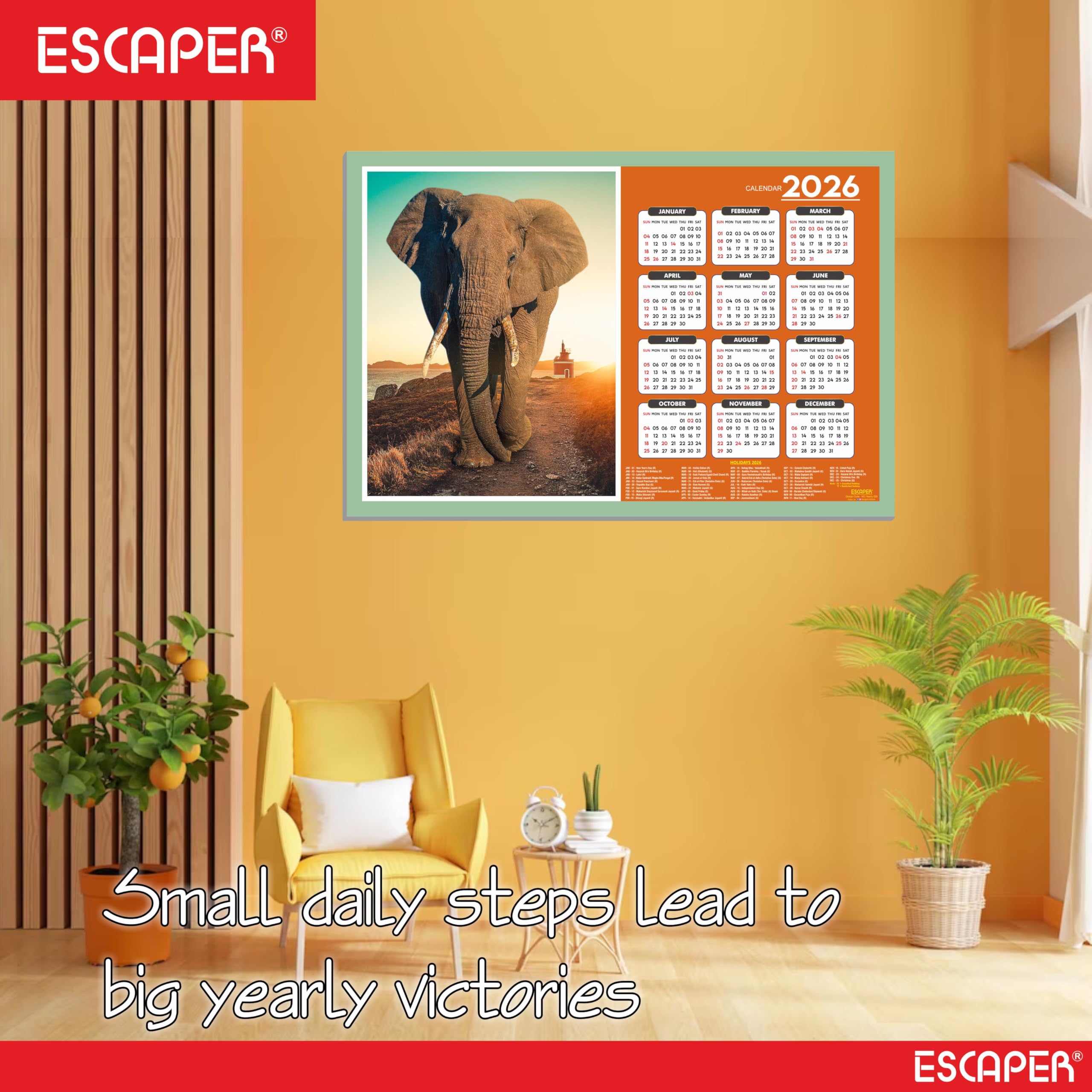 ESCAPER Calendario de pared de animales 2026 - 45 x 30 cm, fotos de león, tigre, elefante, caballo y pantera, calendario de decoración de pared para el hogar, oficina y habitación de los niños