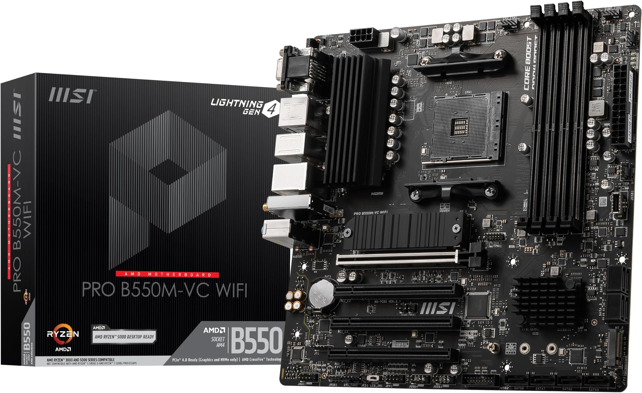 PRO B550M-VC WiFi ProSeries Motherboard (AMD Ryzen 5000 Series, AM4, DDR4, PCIe 4.0, SATA 6Gb/s, M.2, USB 3.2 Gen 2, HDMI/DP, Wi-Fi 6E, Bluetooth 5.2, mATX)