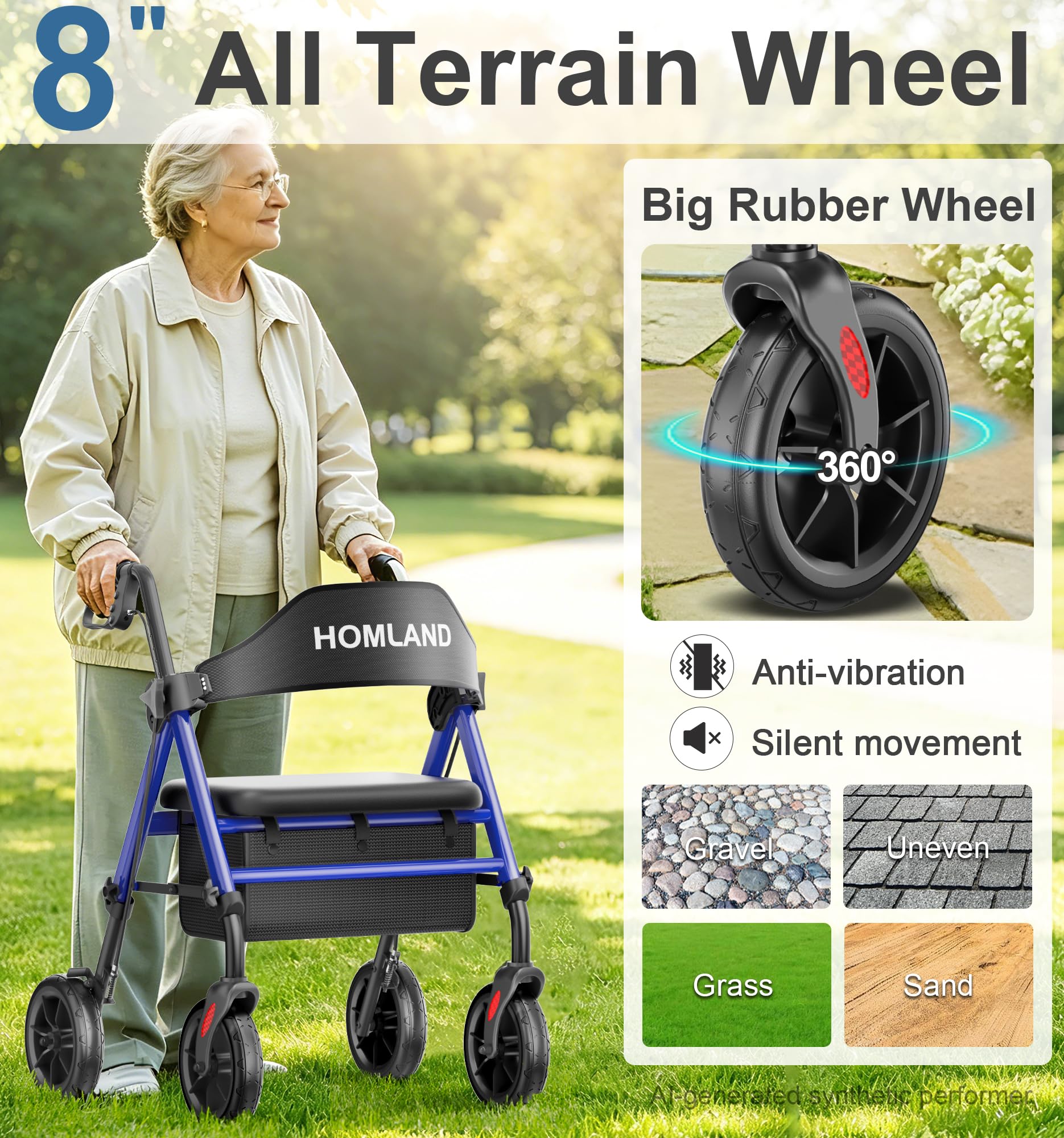 HOMLAND Rollator faltbar und leicht mit Sitz, Tasche und Getränkehalter | Doppelquerstrebe Walker mit Tasche, Rollatoren schmal für Wohnung mit 20 cm All-Terrain-Reifen, Sitz & Griff höhenverstellbar