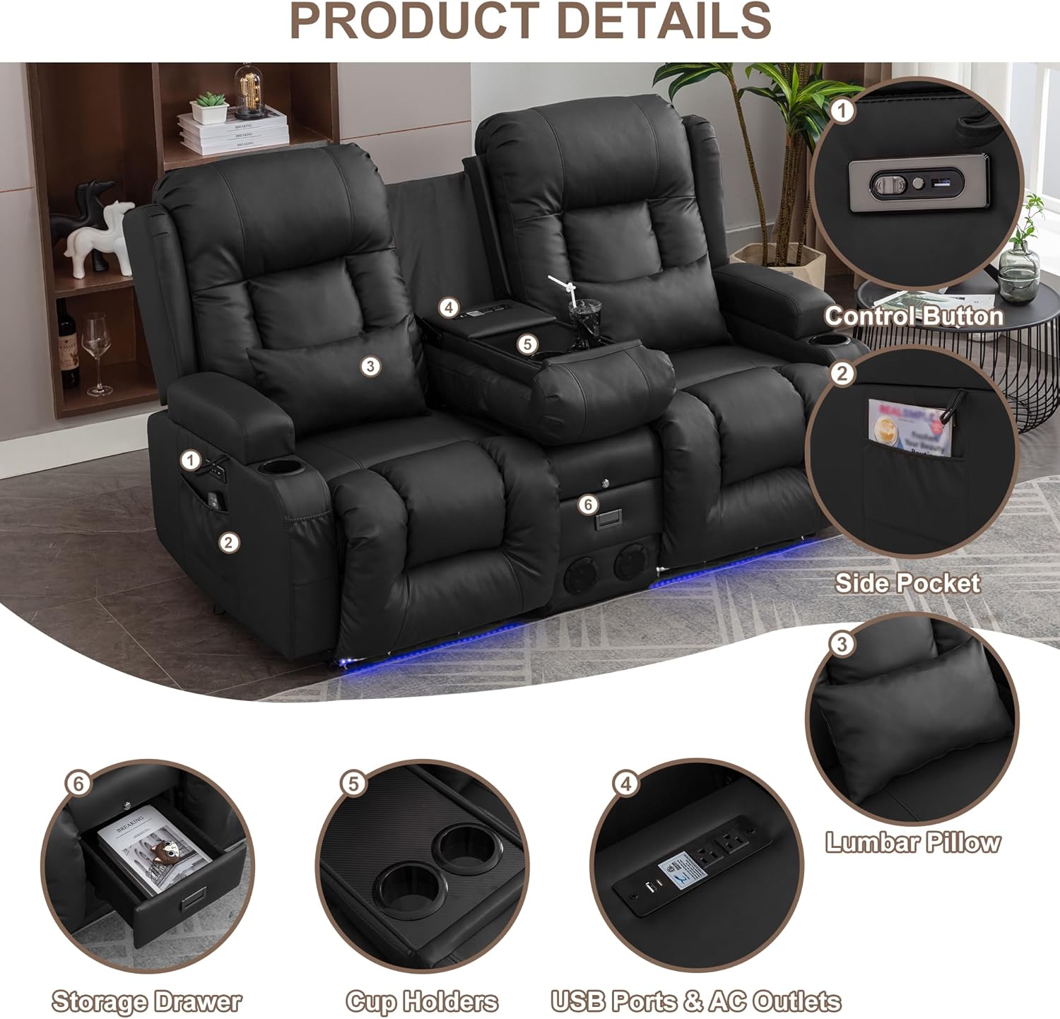 TUNYI Power Loveseat Recliner Sofa with Massage & Heat Home Theater Seating with Console RV Recliner Loveseat Sofa with USB/Storage/Side Pocket/LED Light/Speaker (Black, Loveseat)