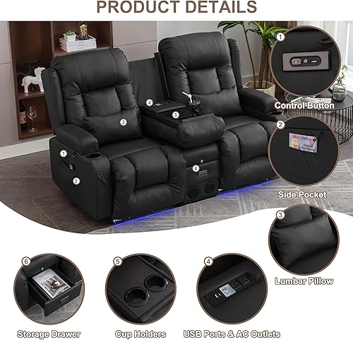 Miniatura 6 de TUNYI Sofá reclinable eléctrico con masaje y calor, asiento de cine en casa con consola, sofá biplaza reclinable RV con