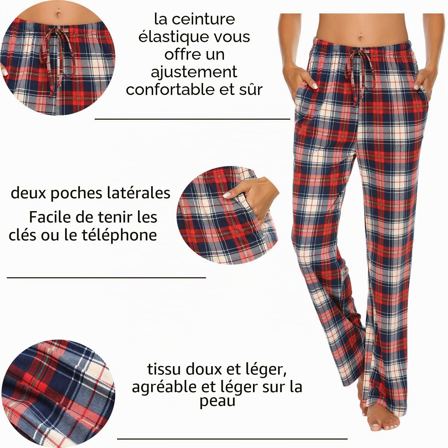 Ekouaer 2 Pièces Bas de Pyjama Femmes Pantalon Pyjama Femme à Carreaux Pantalon de Nuit avec Poches Doux Pantalon Long Vêtements de Nuit S-XXL