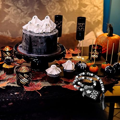 Miniatura 6 de Guirnalda de cuentas de madera de Halloween, guirnalda de cuentas de madera de 40 pulgadas con cuerda de yute, borla a cuadros, etiqueta clásica de