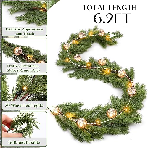 Miniatura 3 de Ceenna Guirnalda de cedro de Navidad preiluminada de 6.2 pies con luces, guirnalda de pino artificial con adornos de bolas, 8 modos de temporizador,